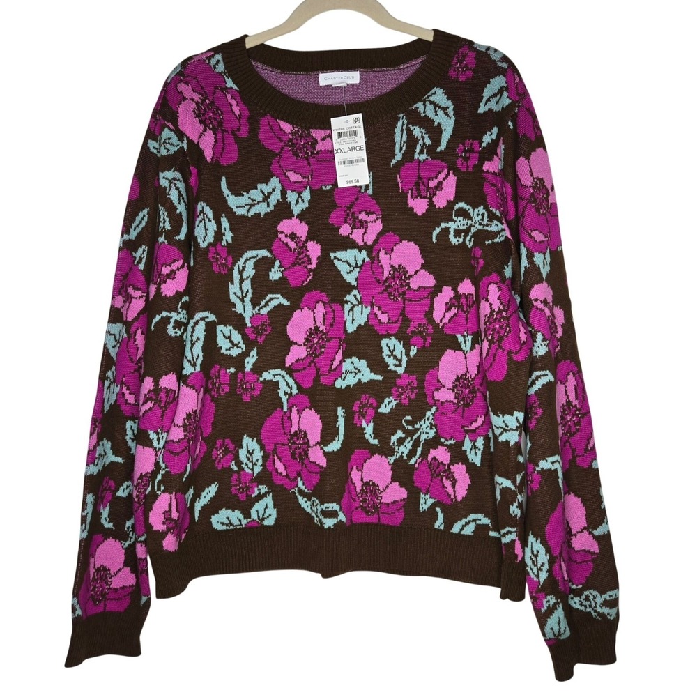 Charter Club Womens XXL Pink Floral‎ Brown Crewneck Sweater Winter Cottage NEW
